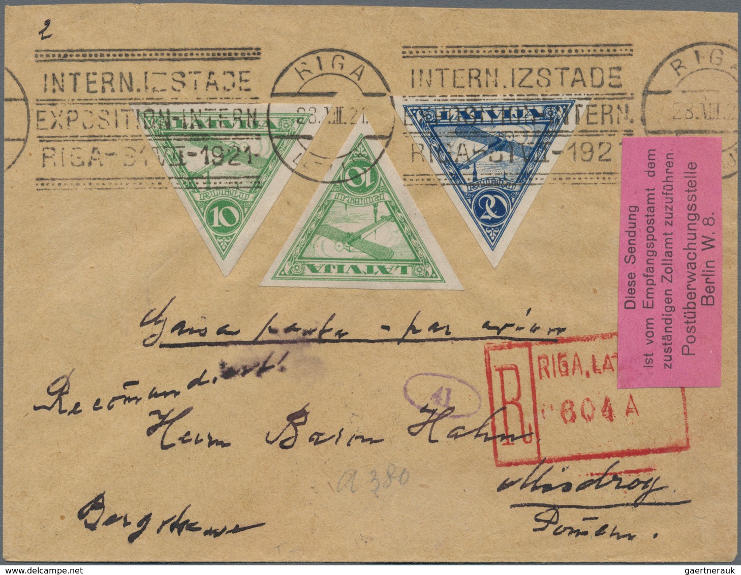Lettland: 1921, Registered Airmail From RIGA With Special Exhibition Mark And "R" Numerator Sent To - Letonia