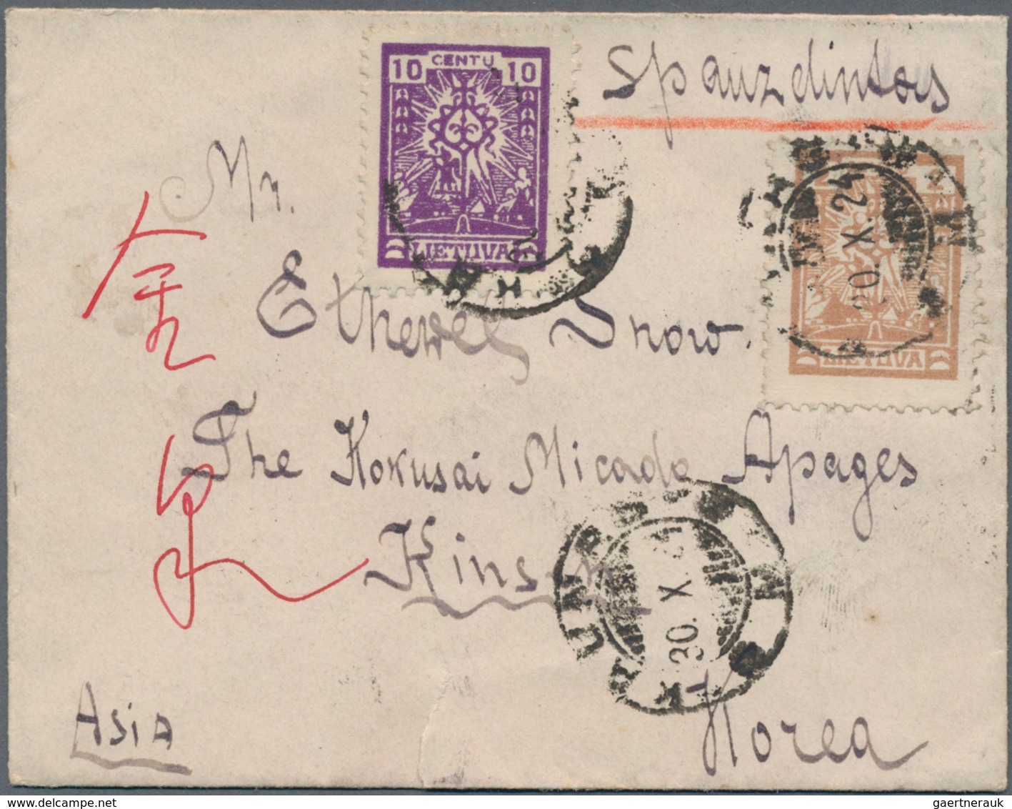 Lettland: 1924/26, Two Covers To Kinsen/Korea From Latvia Resp. Lithuania: Registered From "ZEHSIS 9 - Letonia