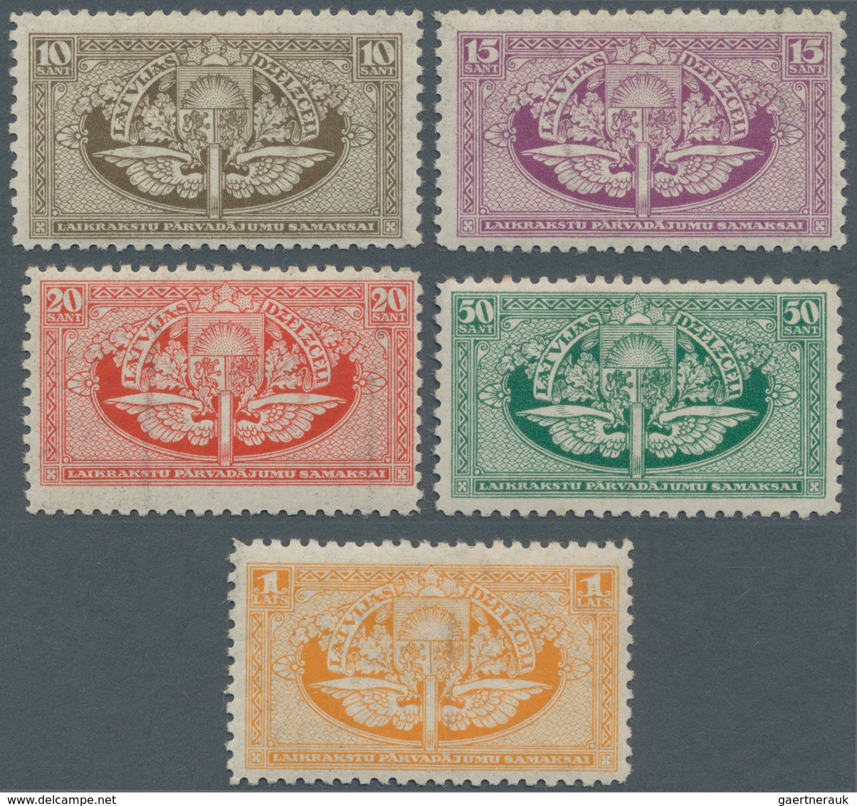 Lettland: 1926 (1 Sep). RAILWAY - NEWSPAPER STAMP. 10s Olive, 15s Lilac, 20s Red, 50s Green And 1 La - Letland