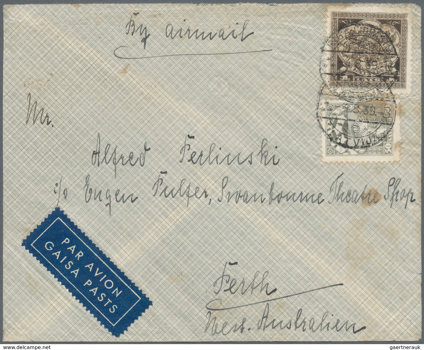 Lettland: 1939. Flimsy Airmail Envelope Endorsed "By Airmail" To An Address In PERTH, Australia, Fra - Letonia