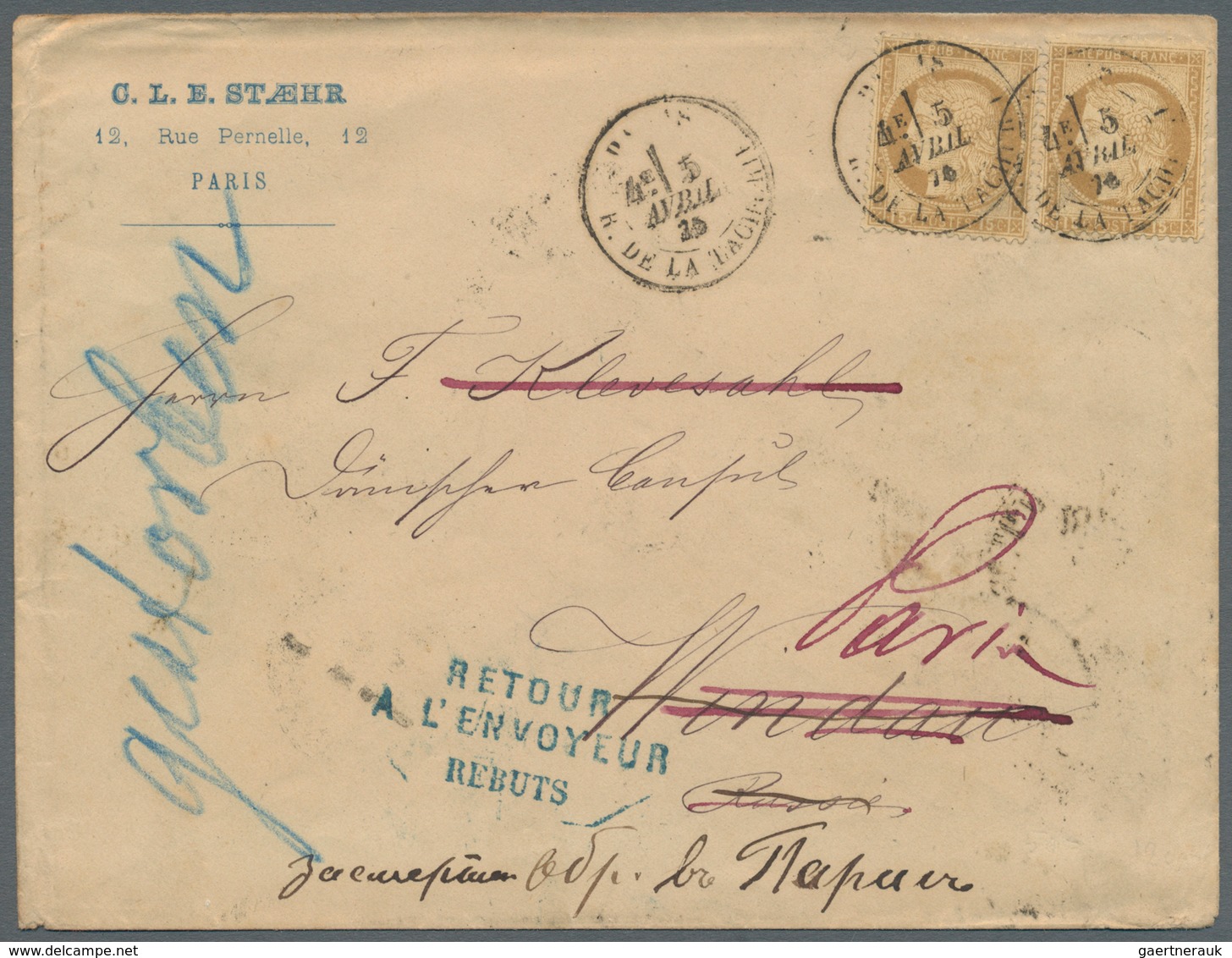 Lettland - Besonderheiten: 1876, Ventspils, Incoming Mail From France, Cover Bearing Two Copies 15c. - Latvia