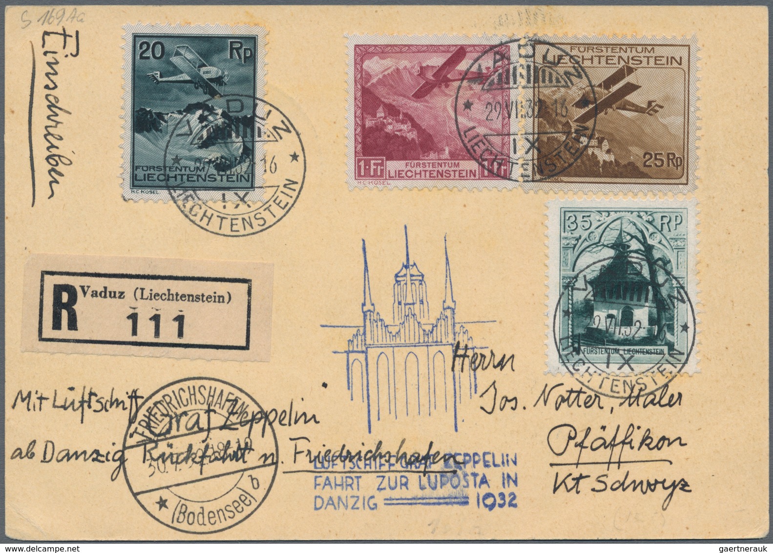 Liechtenstein: 1932. Liechtenstein/Danzig Luposta Fahrt. Reco-Luxuskarte Mit Flugmarken-Spitzenwert. - Other & Unclassified