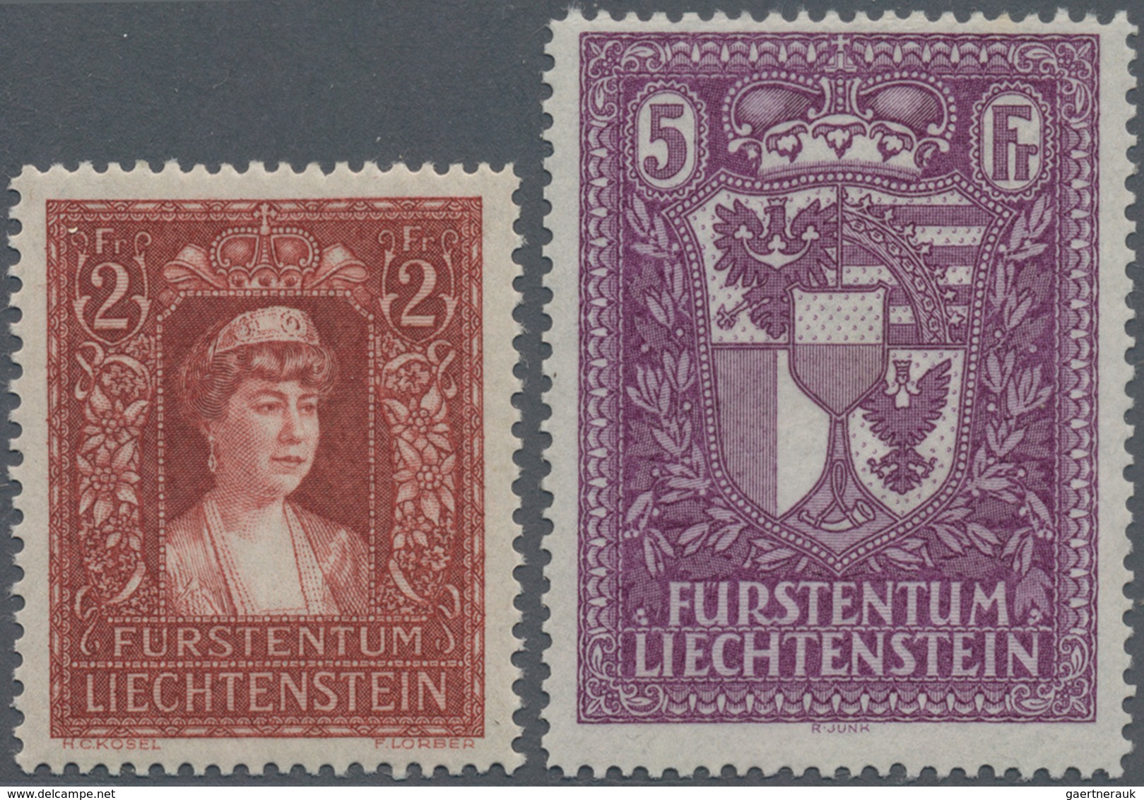 Liechtenstein: 1933, Freimarken 2 Fr. Bräunlichrot Und 5 Fr. Rotviolett, Zwei Postfrische Werte. Mi. - Other & Unclassified