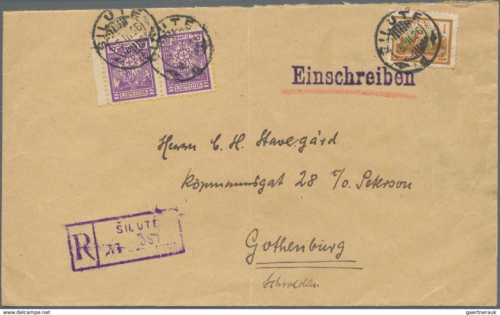 Litauen: 1923, 10 C Violet Pair And 1 L Orange/green On Registered Letter From SILUTE To Gothenburg/ - Lituania