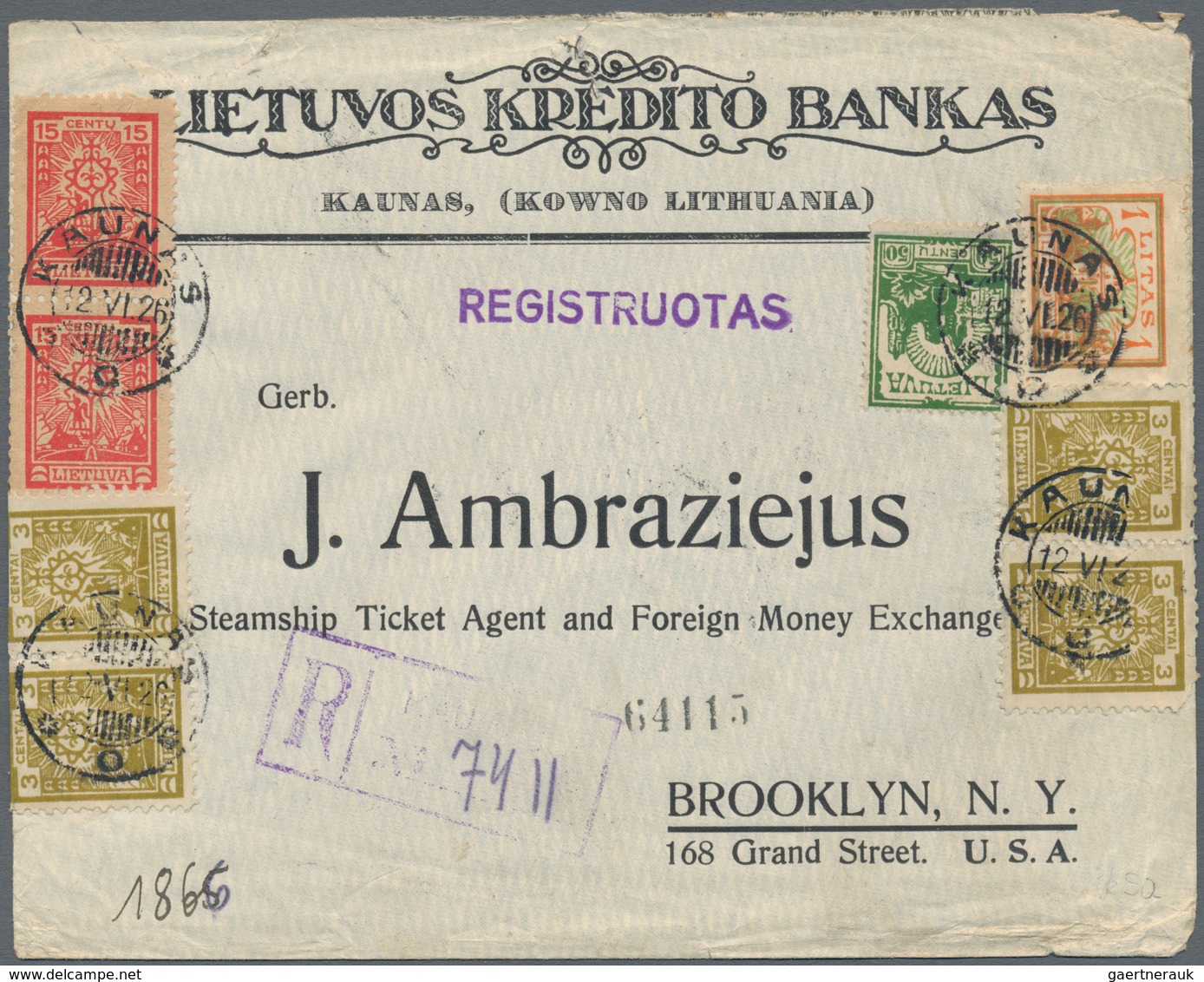 Litauen: 1926. "Lithuanian Credis Bank, Kaunas" Impred Envelope Toa Naddress In BROOKLYN, NEW YORK, - Lituania