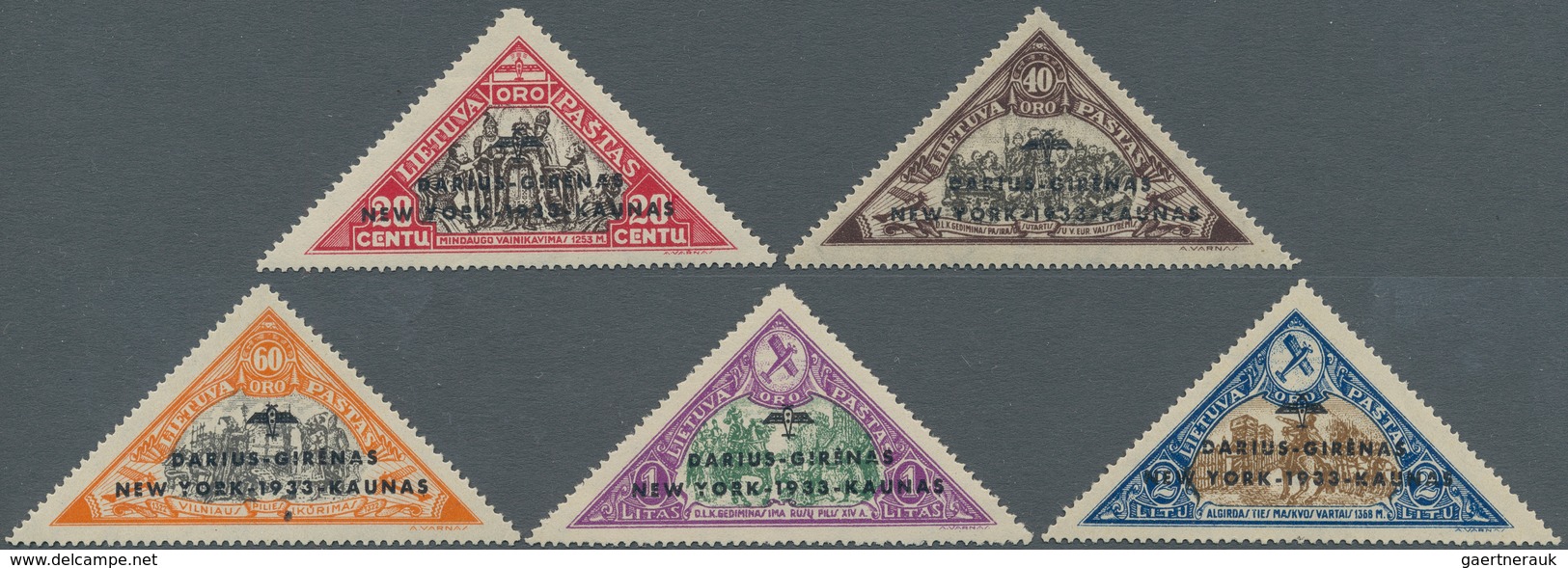 Litauen: 1933: Short Set Of Five Triangle Airmail Stamps Overprinted "DARIUS GIRENAS/NEW YORK-1933-K - Lithuania