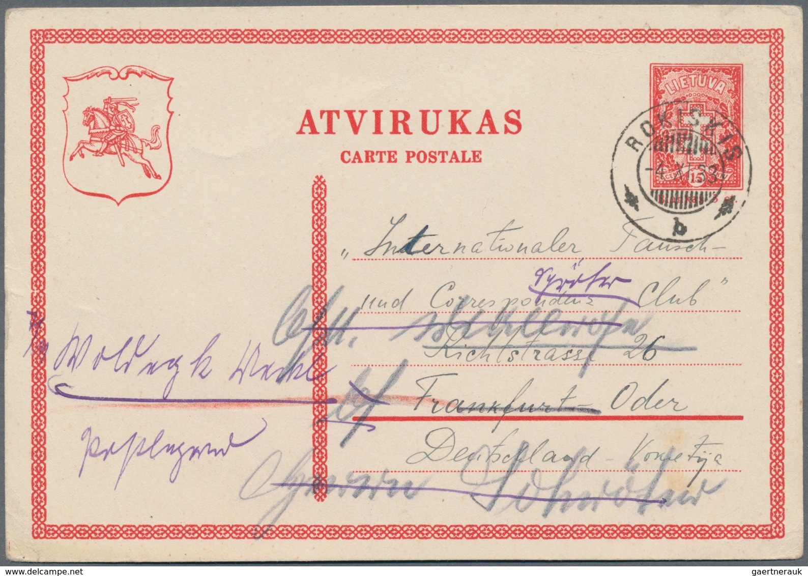 Litauen - Ganzsachen: 1933 Postal Stationery Card P 16 From Rokiskis To Frankfurt/Oder Redirected To - Lituania