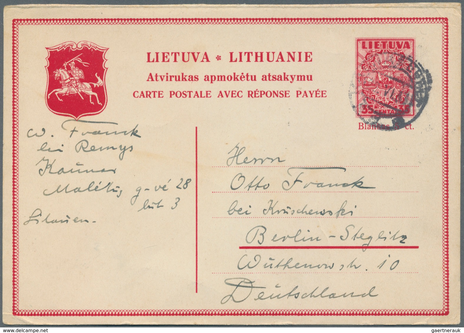 Litauen - Ganzsachen: 1937 Postal Stationery Card 35 Centai Red Commercially Used From Kaunas To Ber - Lituania