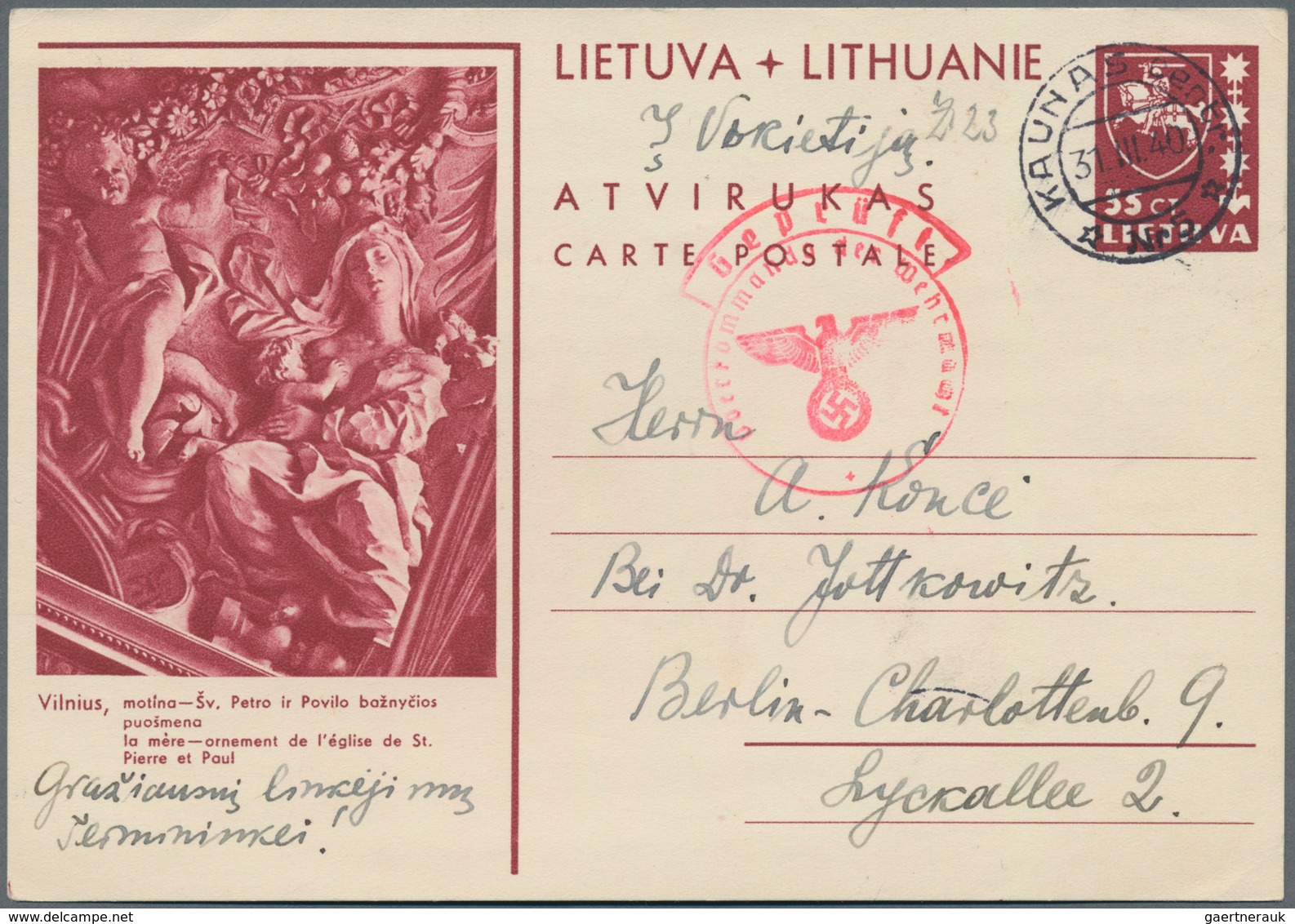 Litauen - Ganzsachen: 1940 Postal Stationery Card P 30/05 From Kaunas With OKW-censor To Berlin, Lon - Lituania