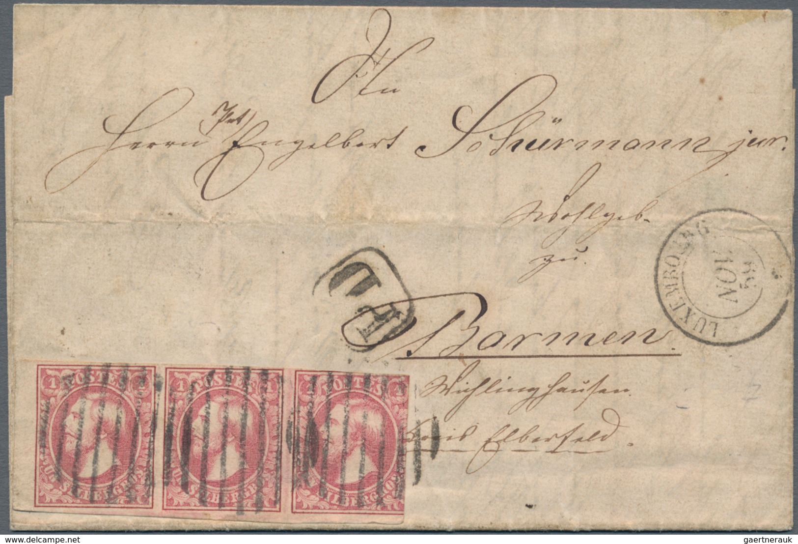 Luxemburg: 1859, 1 Sgr. Horizontal Strip Of Three With Stamps-margin On Left, Cancelled With Bar Pos - Other & Unclassified