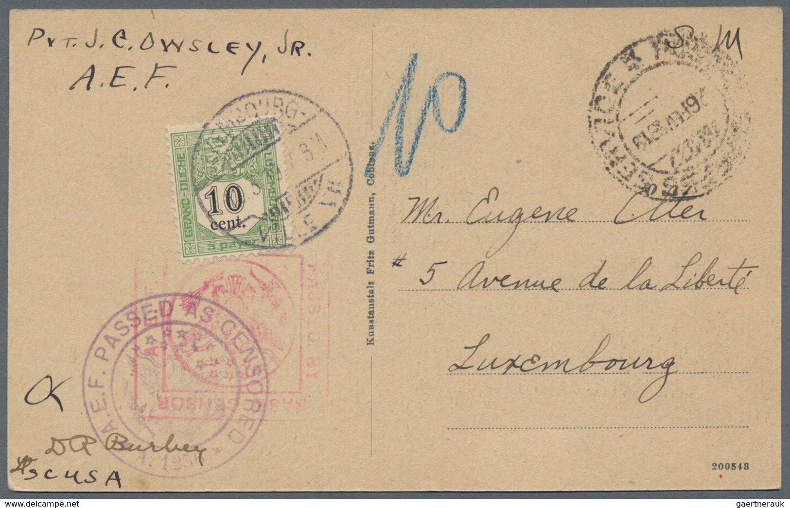 Luxemburg - Besonderheiten: 1919, Amreican Field Post Card "KOBLENZ 26.2.19" With American Double Ce - Other & Unclassified