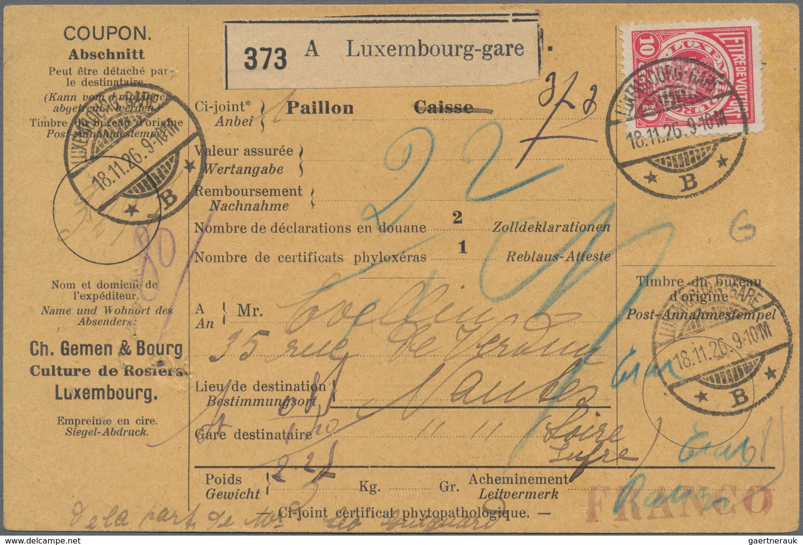 Luxemburg - Besonderheiten: 1926, 10c. Red "LETTRE DE VOITURE" On Complete Despatch Form For A Railw - Other & Unclassified