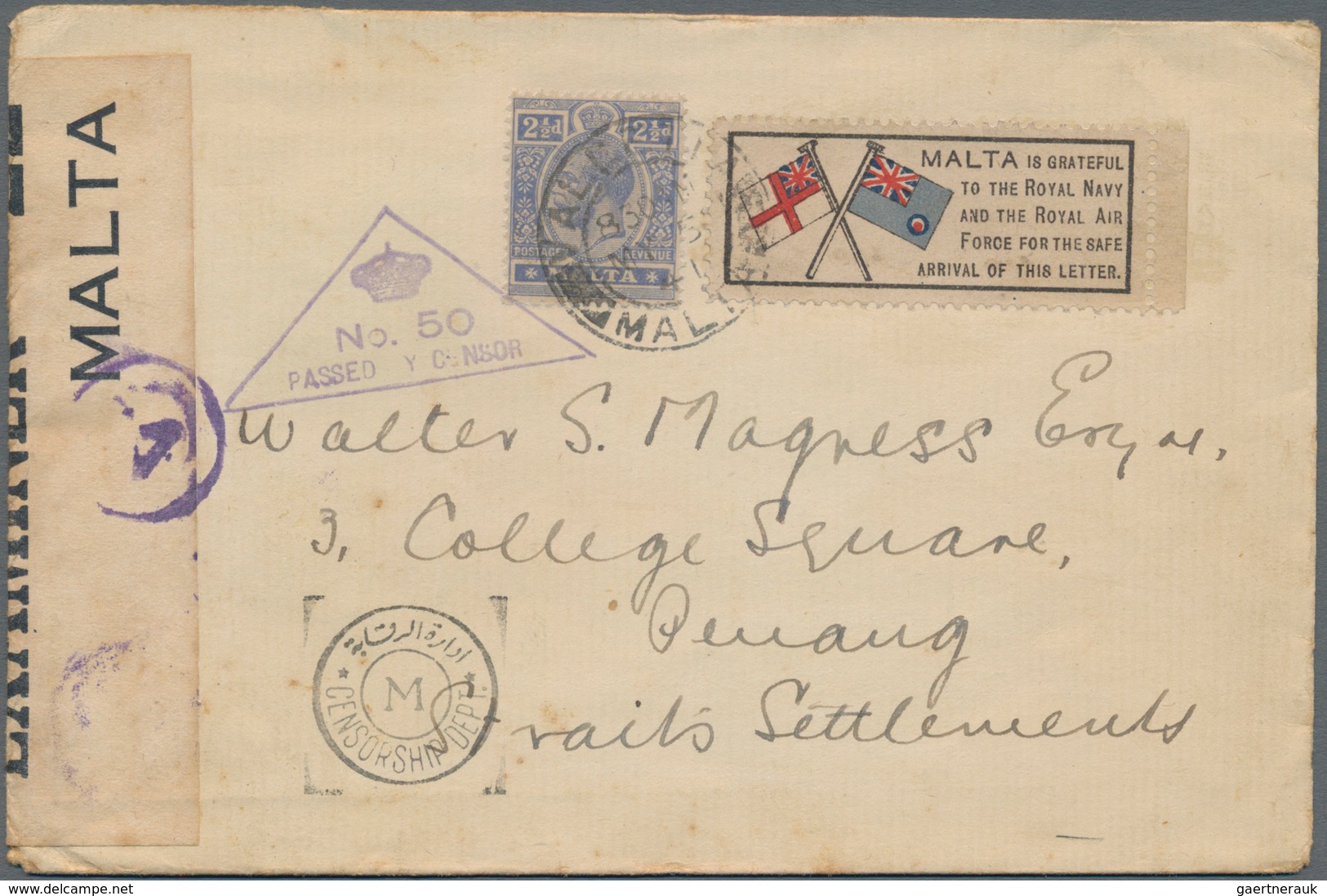 Malta: 1941 Postcard And A Cover Sent To PENANG, Straits Settlements, Both With Special "MALTA Is Gr - Malta