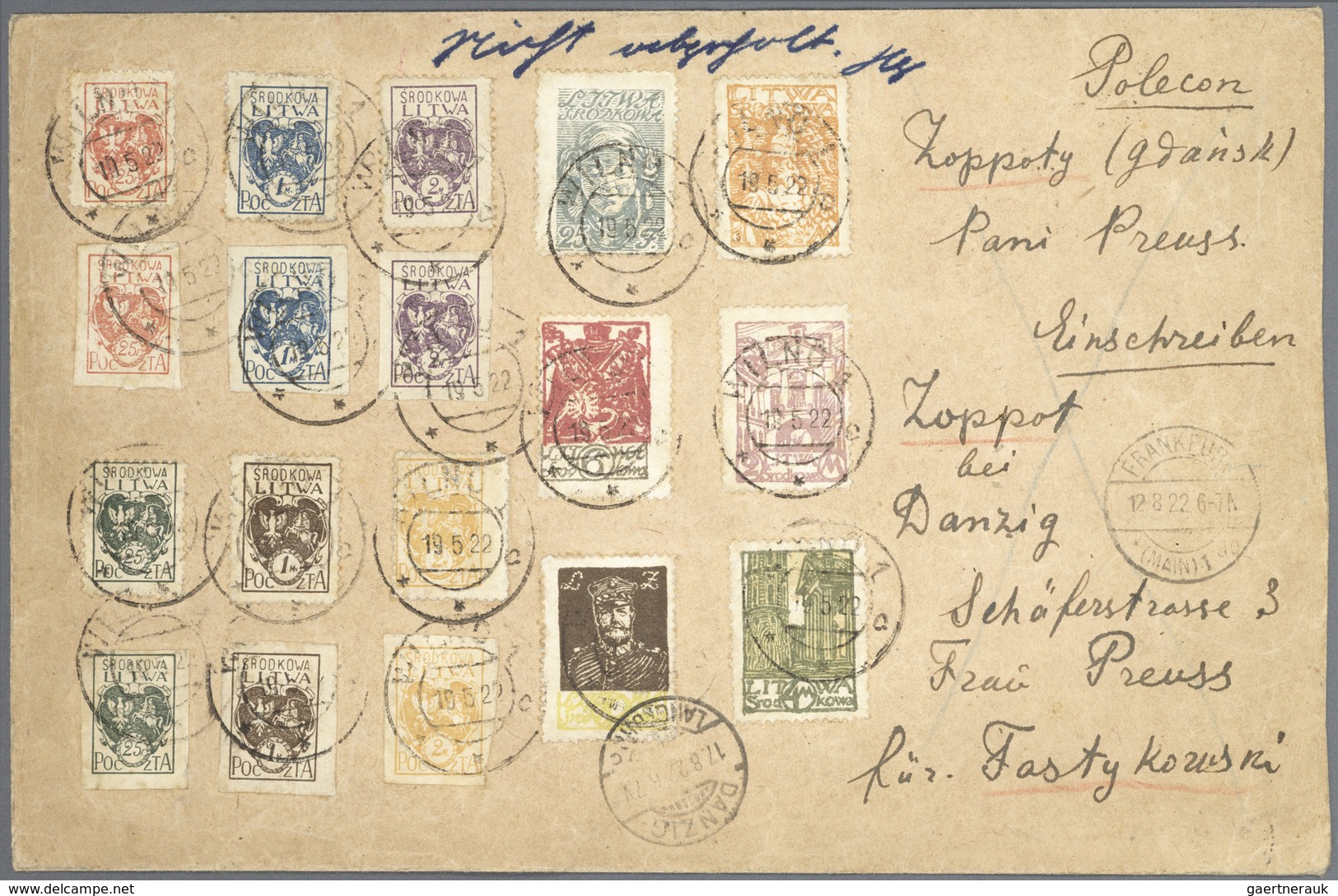 Mittellitauen: 1922, Attractive Franking On Registered Letter Form "WILNO 19.5.22" To Zoppot/Danzig, - Lithuania