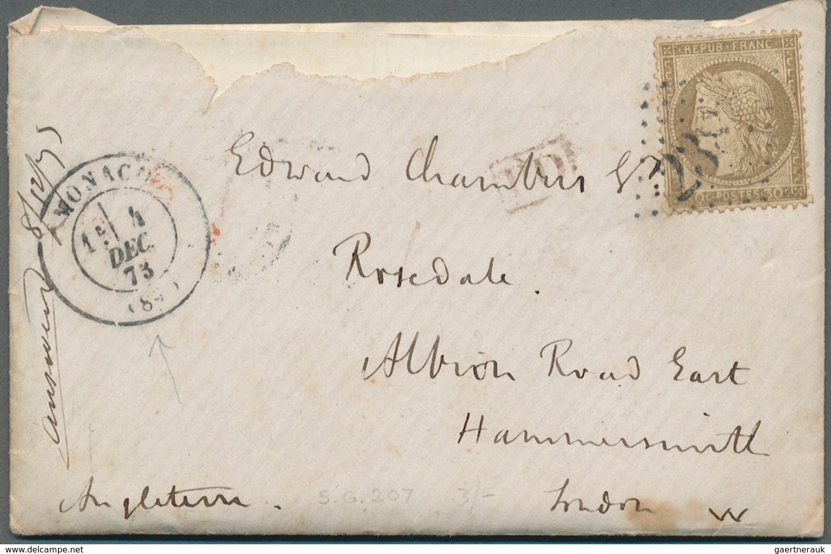 Monaco - Vorläufer: 1873, 30 C Olive-brown (huge Letters) Tied By "238.." And Beneath "MONACO 4 DEC - ...-1885 Voorlopers