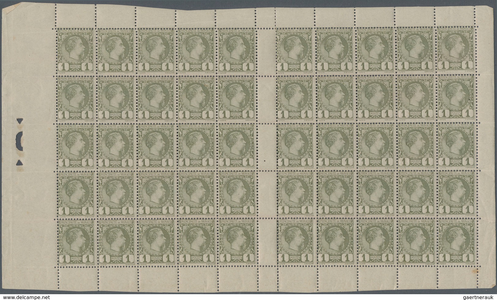 Monaco: 1885, Definitives "Charles III.", 1c. Olive, Gutter Pane Of 50 Stamps (folded, Partly Separa - Unused Stamps