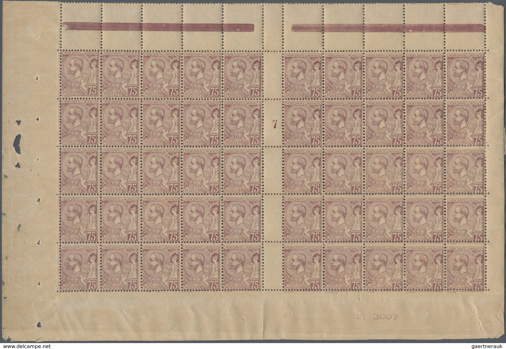 Monaco: 1897, Definitives "Albert I.", 75c. Violet-brown On Cream, (folded) Gutter Pane With 50 Stam - Ongebruikt