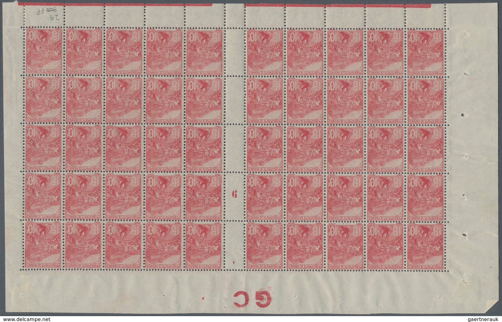 Monaco: 1919, War Widows And Orphans, 15c.+10c. Carmine, (folded) Gutter Pane Of 50 Stamps With Mill - Unused Stamps