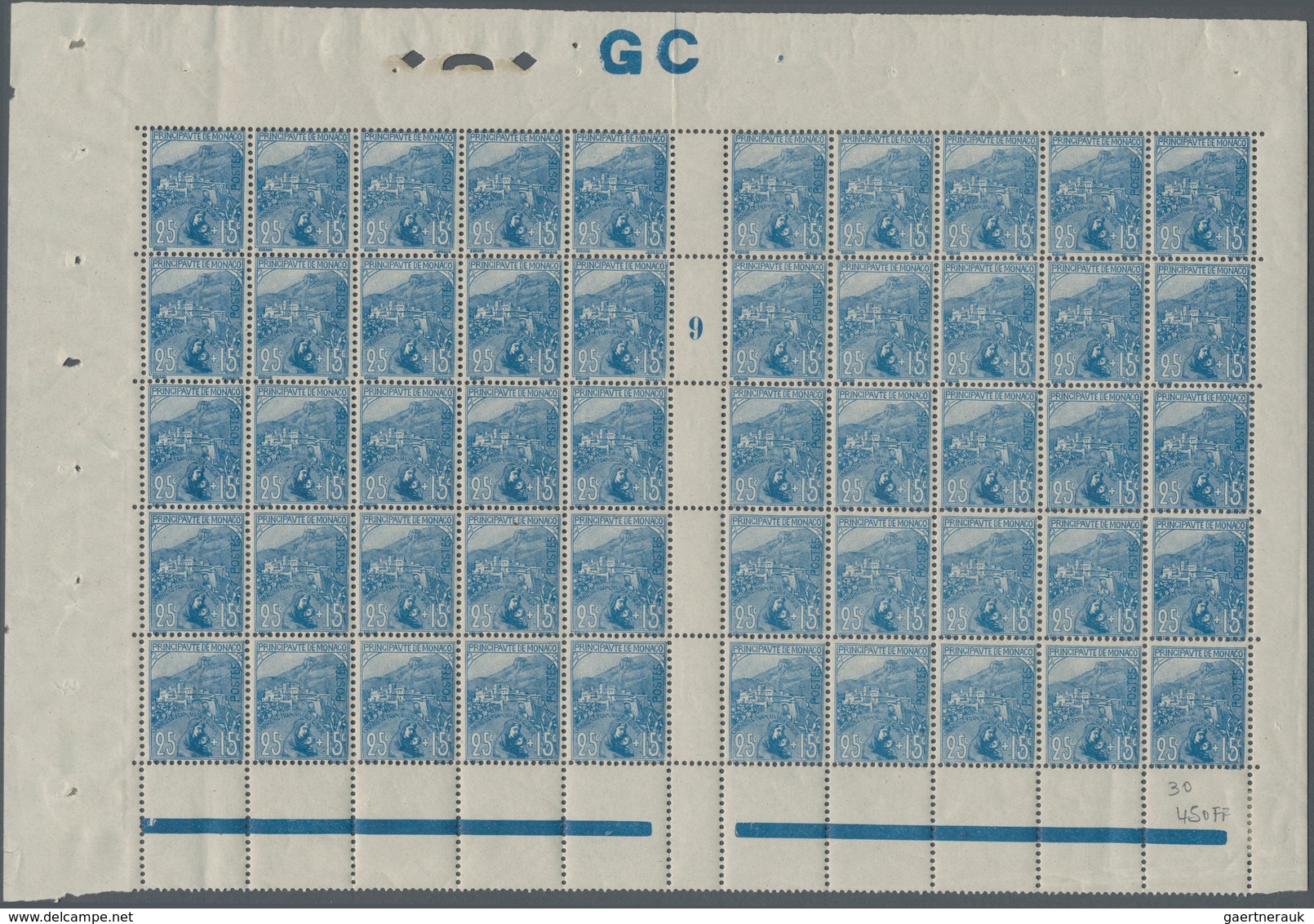 Monaco: 1919, War Widows And Orphans, 25c.+15c. Blue, (folded) Gutter Pane Of 50 Stamps With Millesi - Unused Stamps