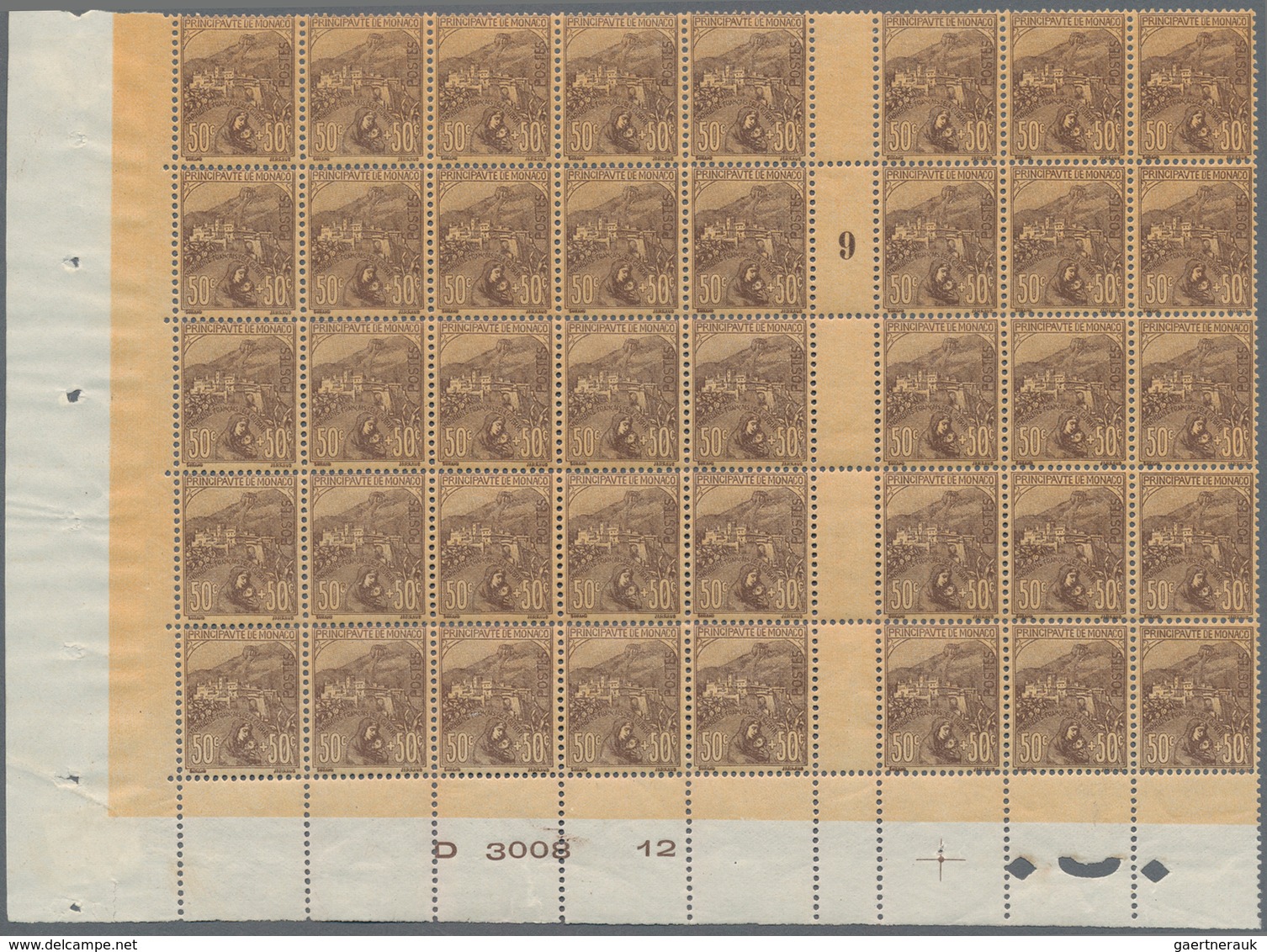 Monaco: 1919, War Widows And Orphans, 50c.+50c. Brown On Orange-brown, (folded) Gutter Block Of 40 S - Unused Stamps