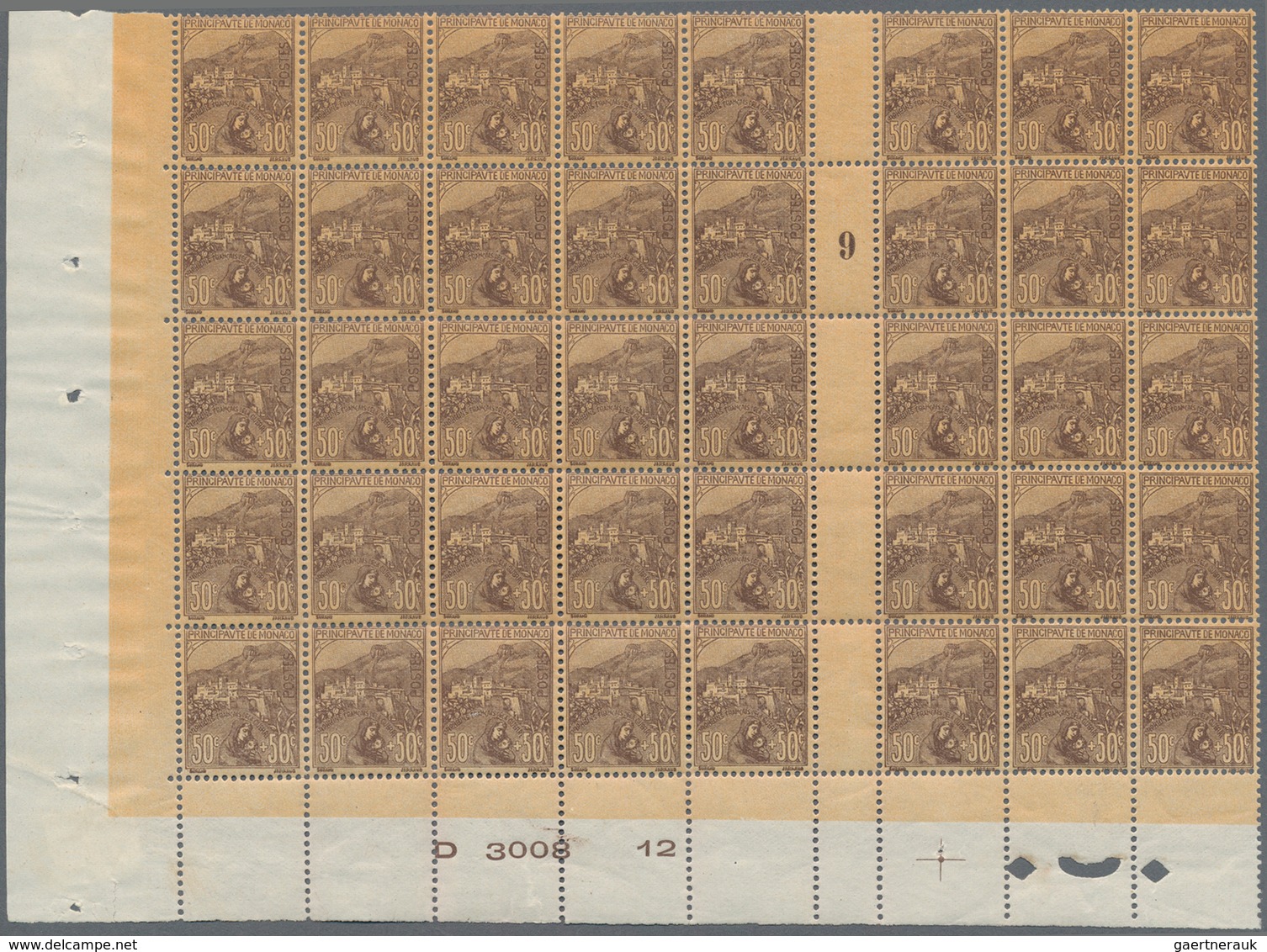 Monaco: 1919, War Widows And Orphans, 50c.+50c. Brown On Orange-brown, (folded) Gutter Block Of 40 S - Ongebruikt