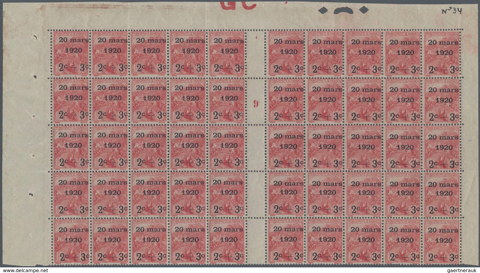 Monaco: 1920, Royal Wedding, 2c.+3c. On 15c.+10c. Carmine, (folded) Gutter Pane Of 50 Stamps With Mi - Unused Stamps