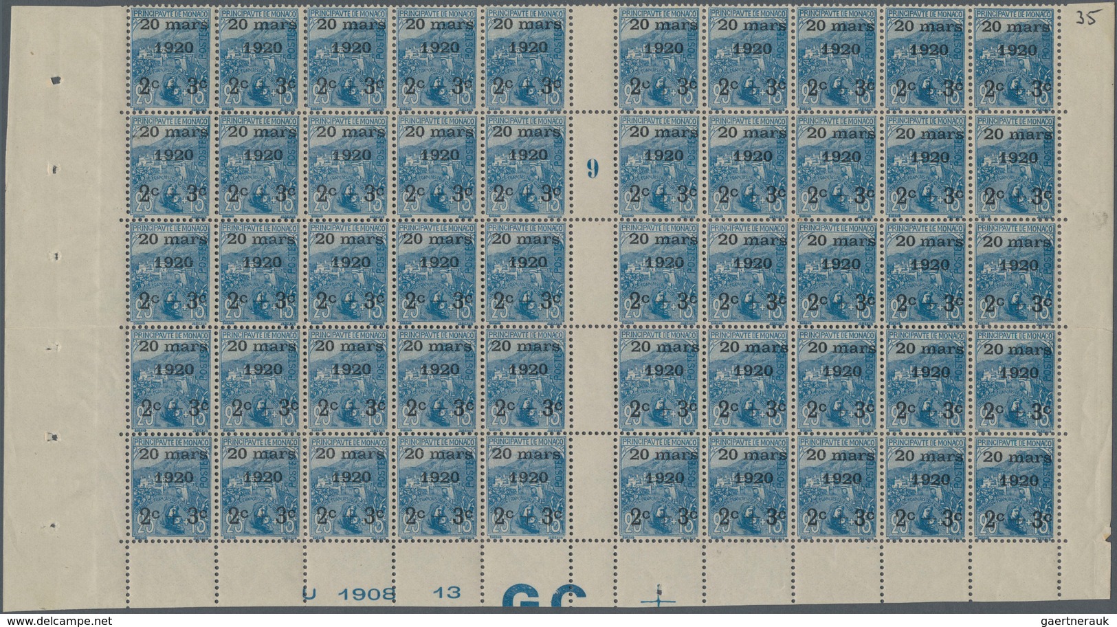 Monaco: 1920, Royal Wedding, 2c.+3c. On 25c.+15c. Blue, Gutter Pane Of 50 Stamps With Millesime "9", - Unused Stamps