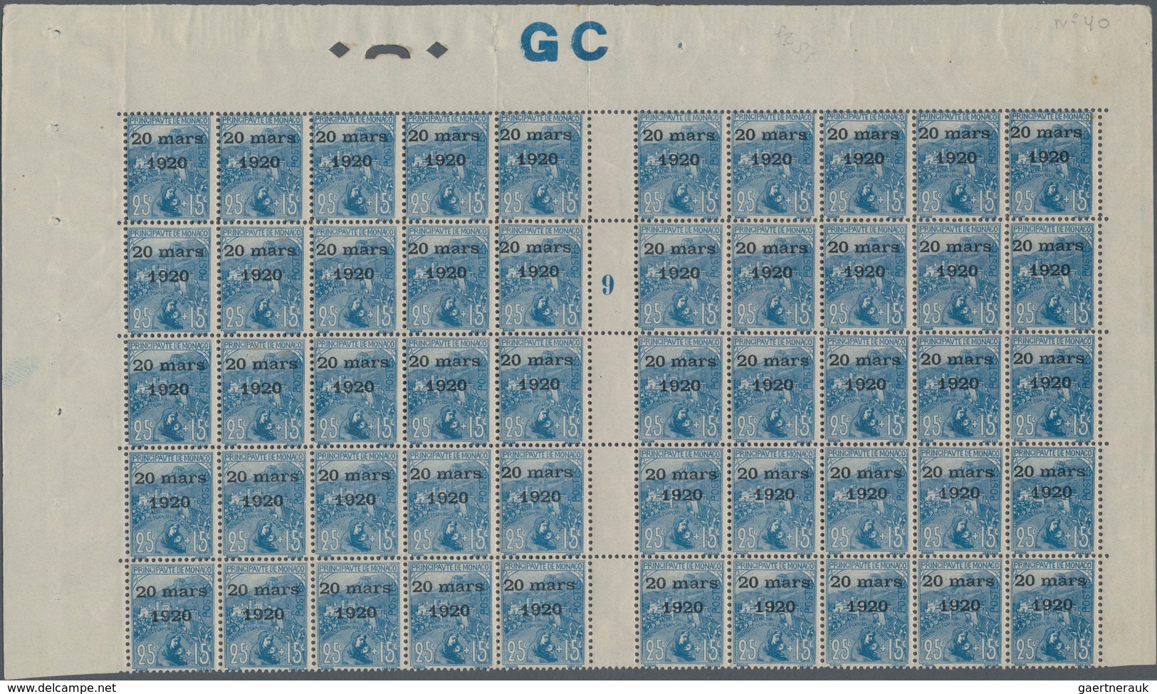 Monaco: 1920, Royal Wedding, 25c.+15c. Blue, (folded) Gutter Pane Of 50 Stamps With Millesime "9", M - Neufs