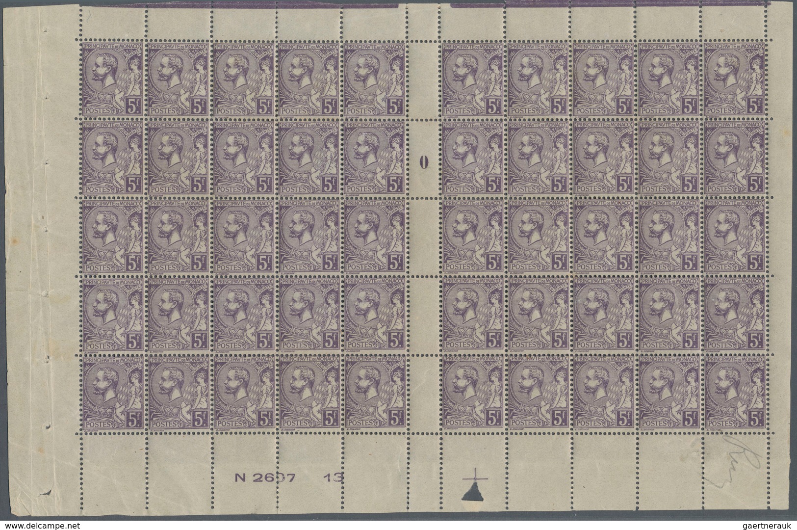 Monaco: 1920, Definitives "Albert I.", 5fr. Violet, Gutter Pane Of 50 Stamps With Millesime "0" (fol - Unused Stamps