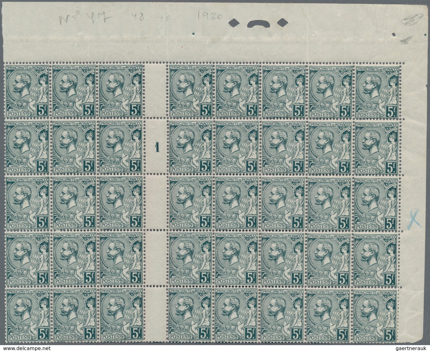 Monaco: 1921, Definitives "Albert I.", 5fr. Greyish Green, (folded) Gutter Block Of 40 Stamps With M - Unused Stamps