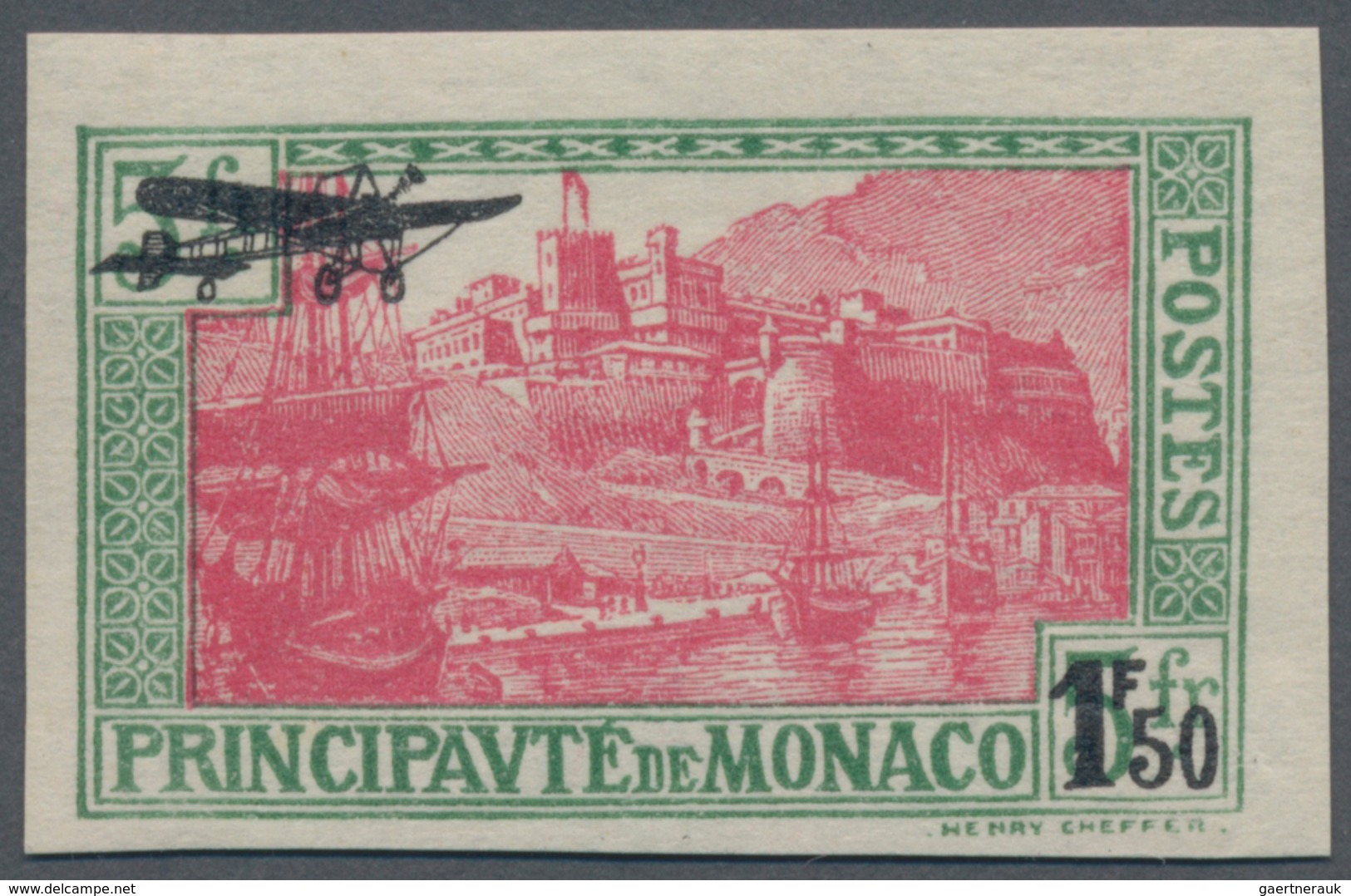 Monaco: 1933, Airmail, 1.50fr. On 5fr. Green/rose Imperforate, Mint Never Hinged. Maury PA1 Nd, 450, - Ongebruikt