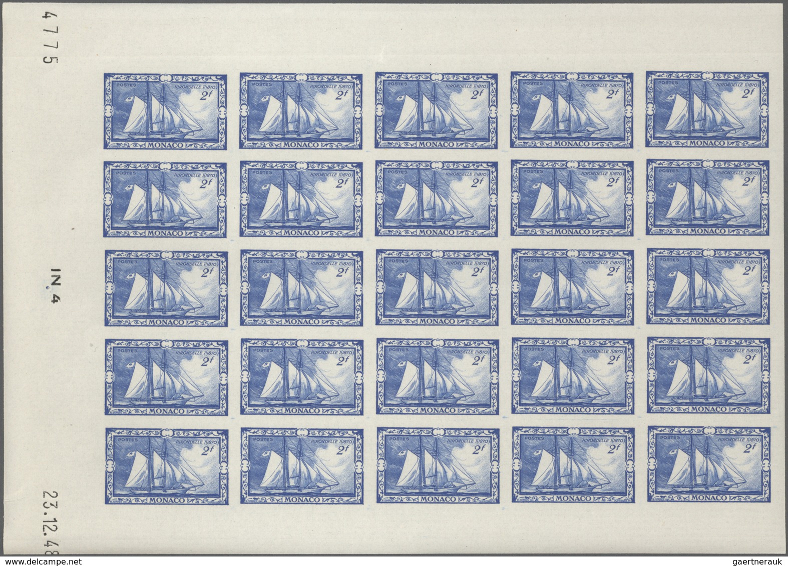 Monaco: 1949, 100th birthday of Prince Albert I. complete set of eight in IMPERFORATE blocks of 25 f