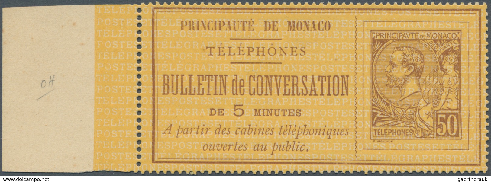 Monaco - Ganzsachen: 1892, Telephone Billet, 50c. Brown On Yellow With Sheet Margin At Left, Unused, - Postwaardestukken