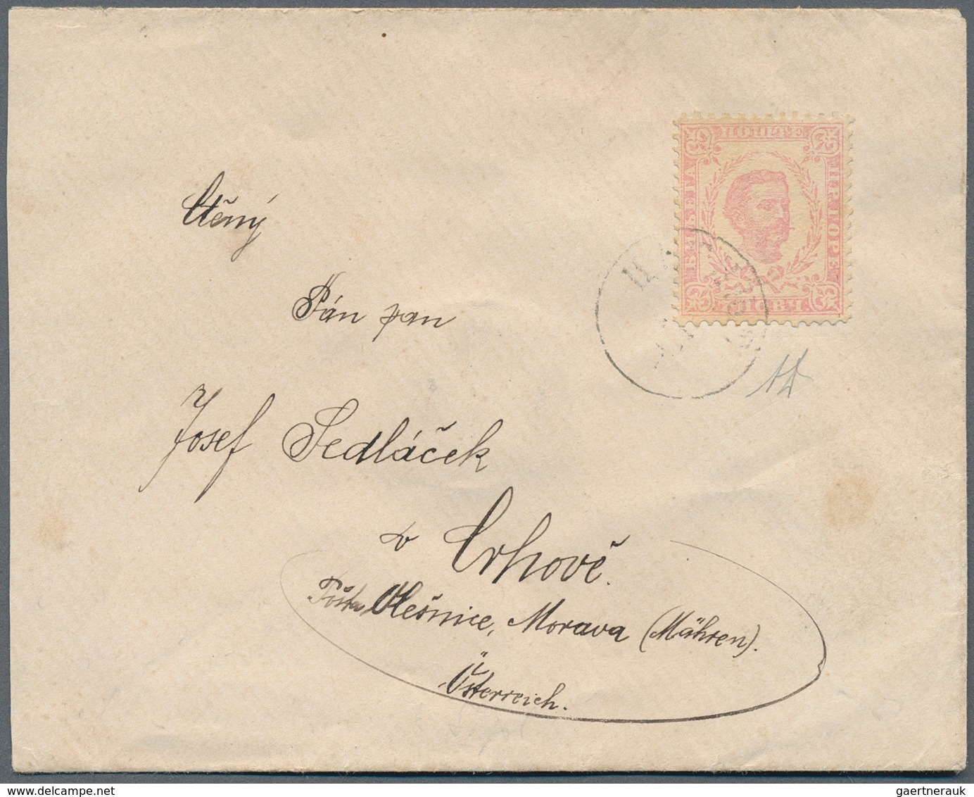 Montenegro: 1892, Envelope To Austria (Moravia) Franked Second Printing 7n Pale Venetian Red, Perf 1 - Montenegro