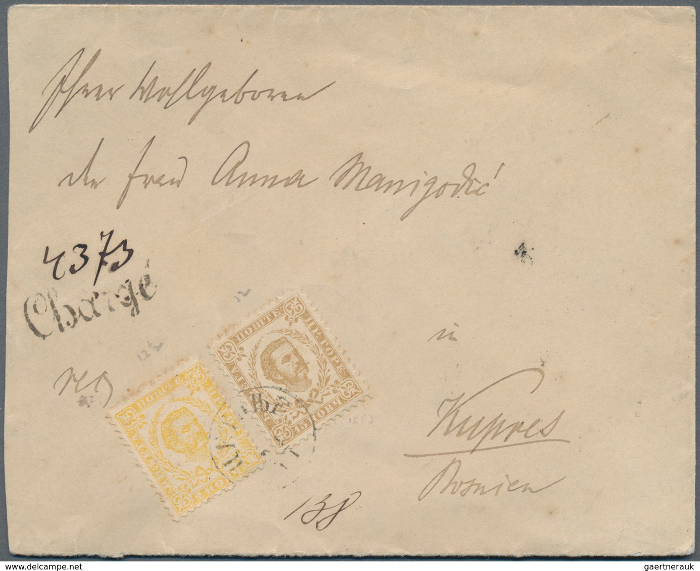 Montenegro: 1890, Registered Envelope To KUPRES, Bosnia Franked With 1879 Second Printing 2n Yellow - Montenegro