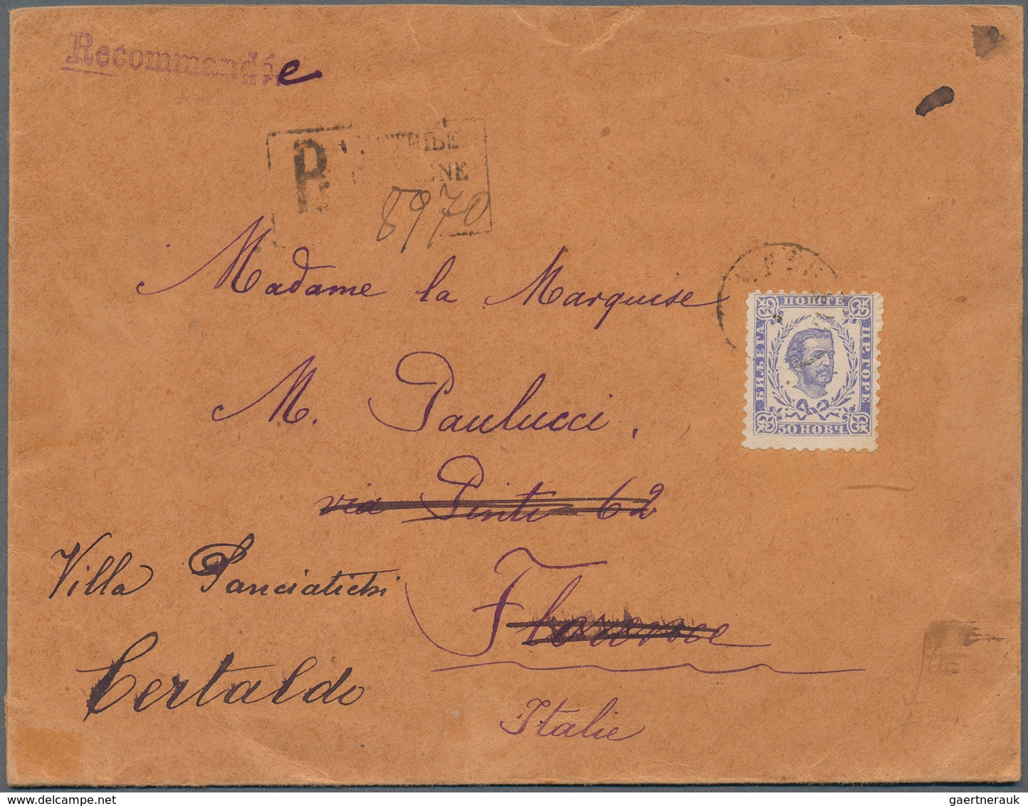 Montenegro: 1894, Envelope Registered To FLORENCE, Re-directed To CERTALDO, Single Franked 50n Blue, - Montenegro