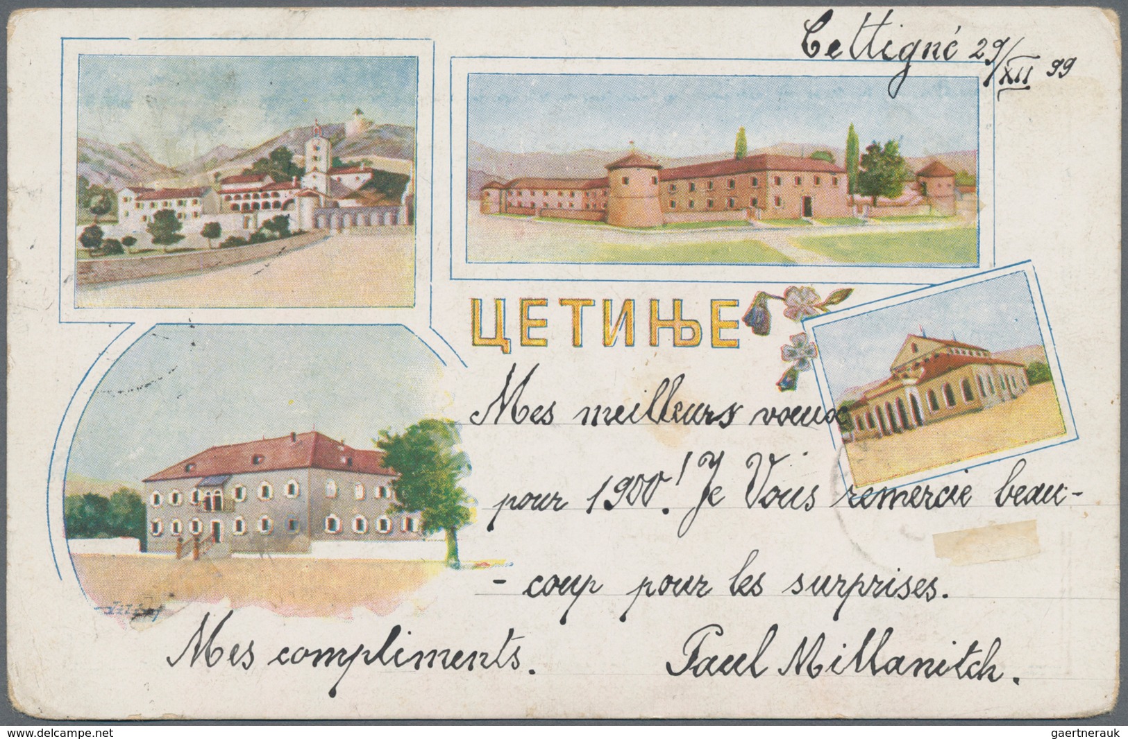 Montenegro: 1900. Lovely Multicoloured Multi-view Picture Postcard To Switzerland Franked With 5n Or - Montenegro