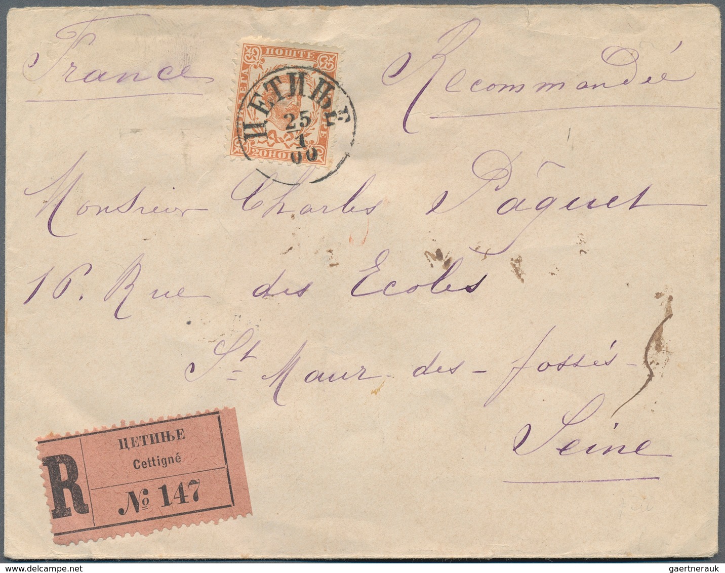 Montenegro: 1900, Commercial Registered Letter To France Single Franked 1894 New Values 20n Orange-b - Montenegro