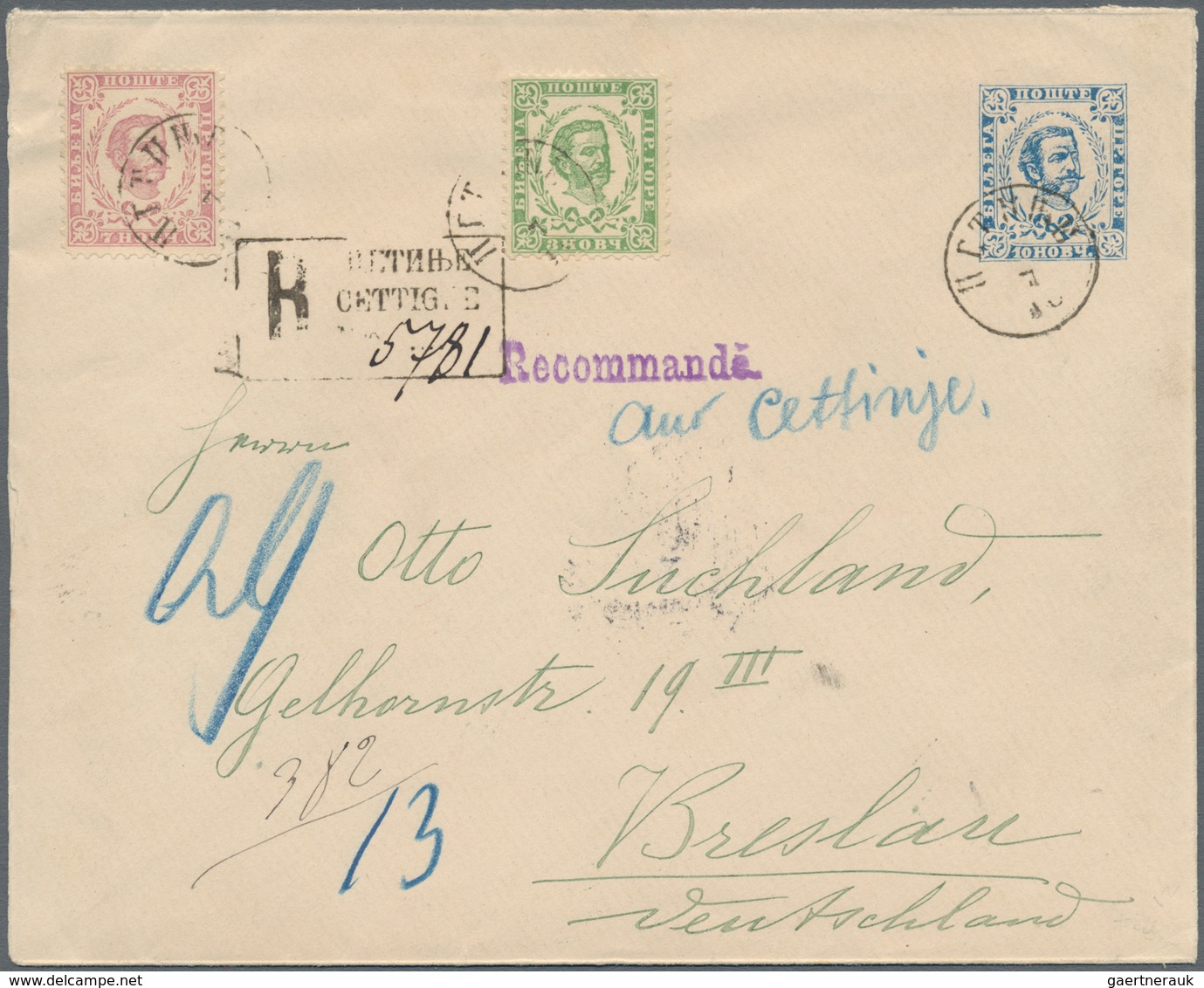 Montenegro - Ganzsachen: 1893. 10 N Blue (better Shade) Prince Nicholas Stationey Envelope 157x126 ( - Montenegro