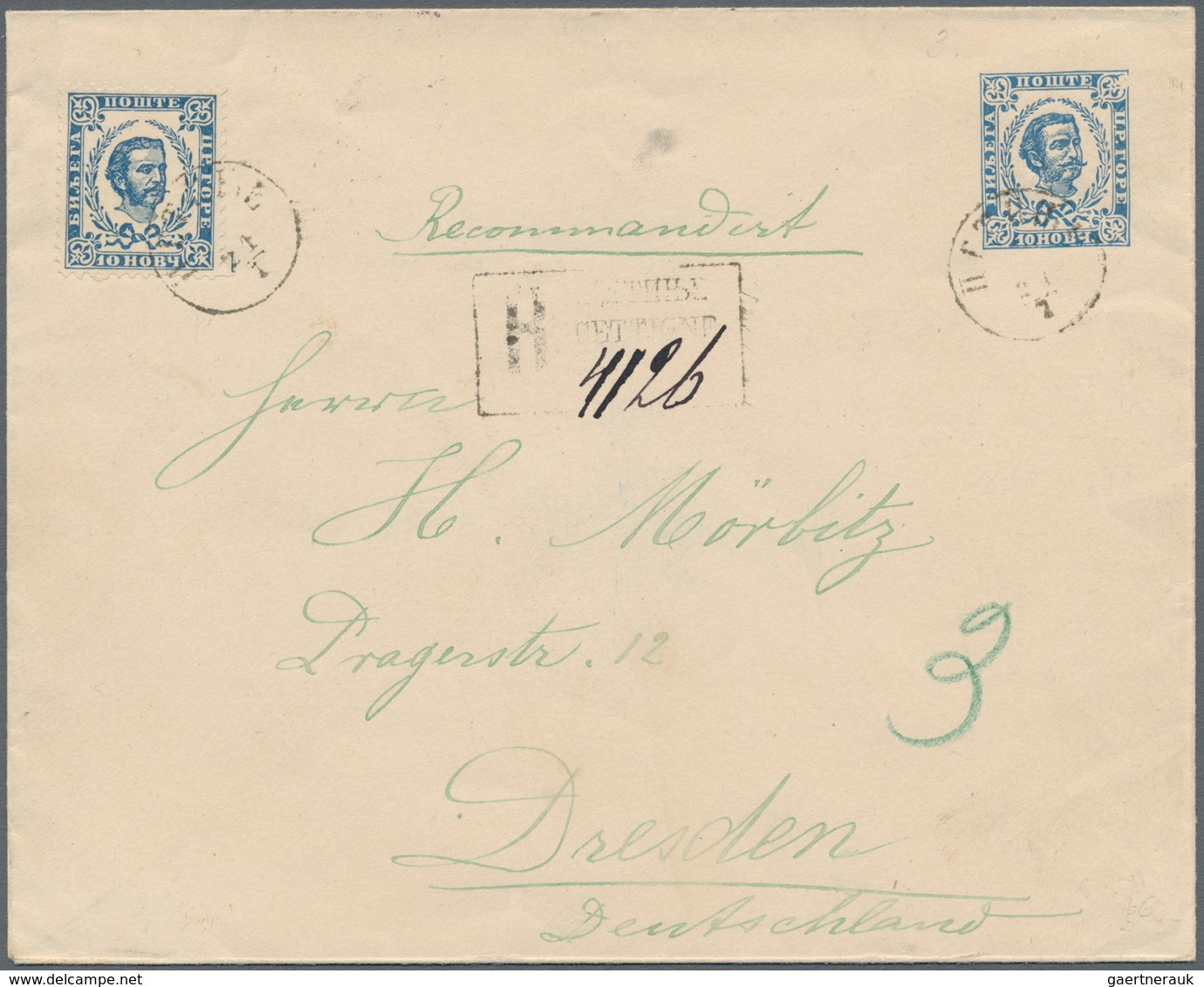 Montenegro - Ganzsachen: 1893. 10 N Blue/white Prince Nicholas Stationery Envelope ("knife" B, Type - Montenegro