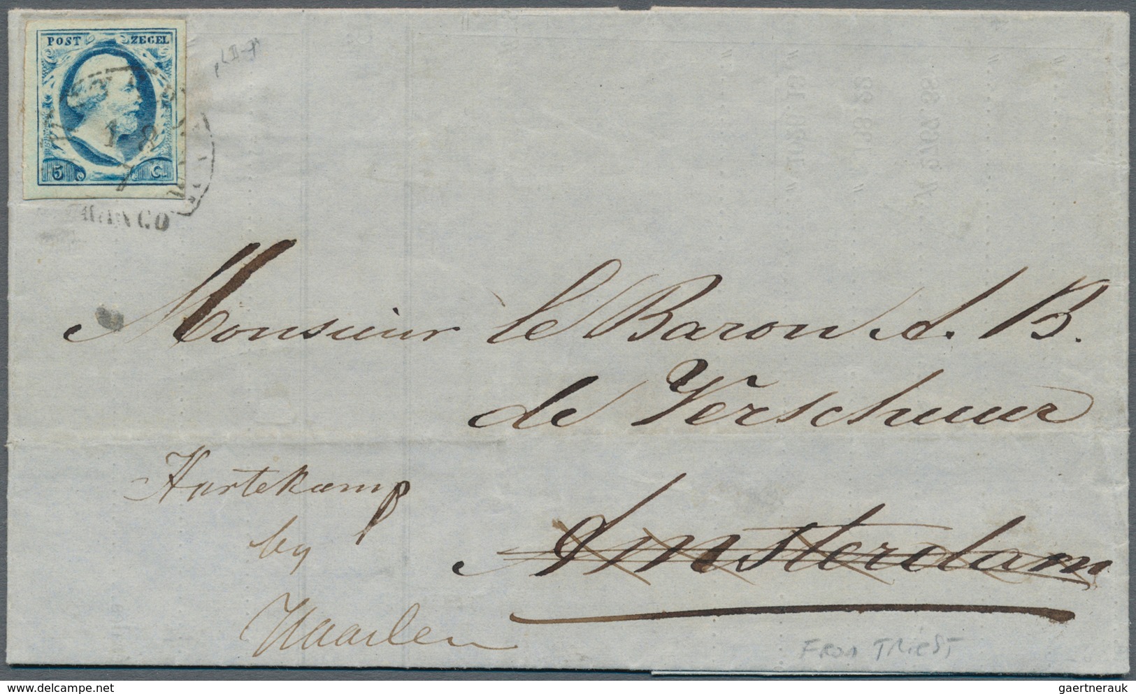 Niederlande: 1854, Inside Printed Envelope Sent From Trieste (6.Jul. 1854) To Amsterdam, There Uprat - Andere & Zonder Classificatie