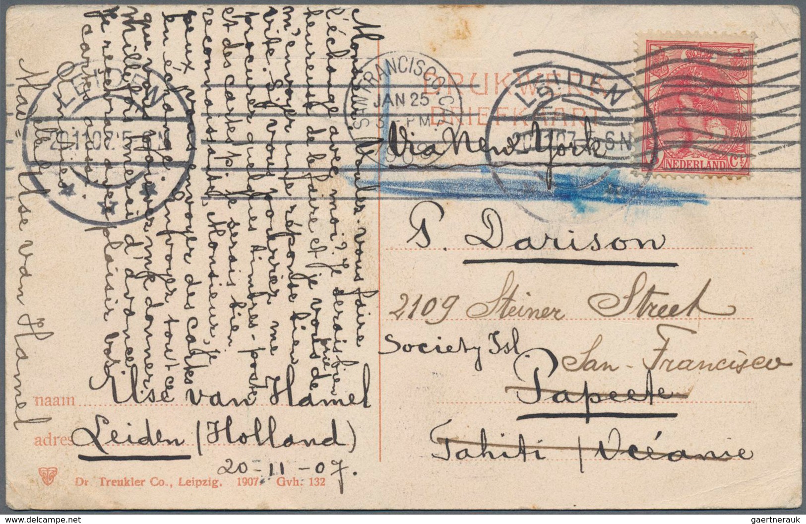 Niederlande: 1907. PPC "s'Gravenshage, Palace" With 5 C From "LEIDEN 22.11.07" To PAPEETE/Tahiti Wit - Other & Unclassified