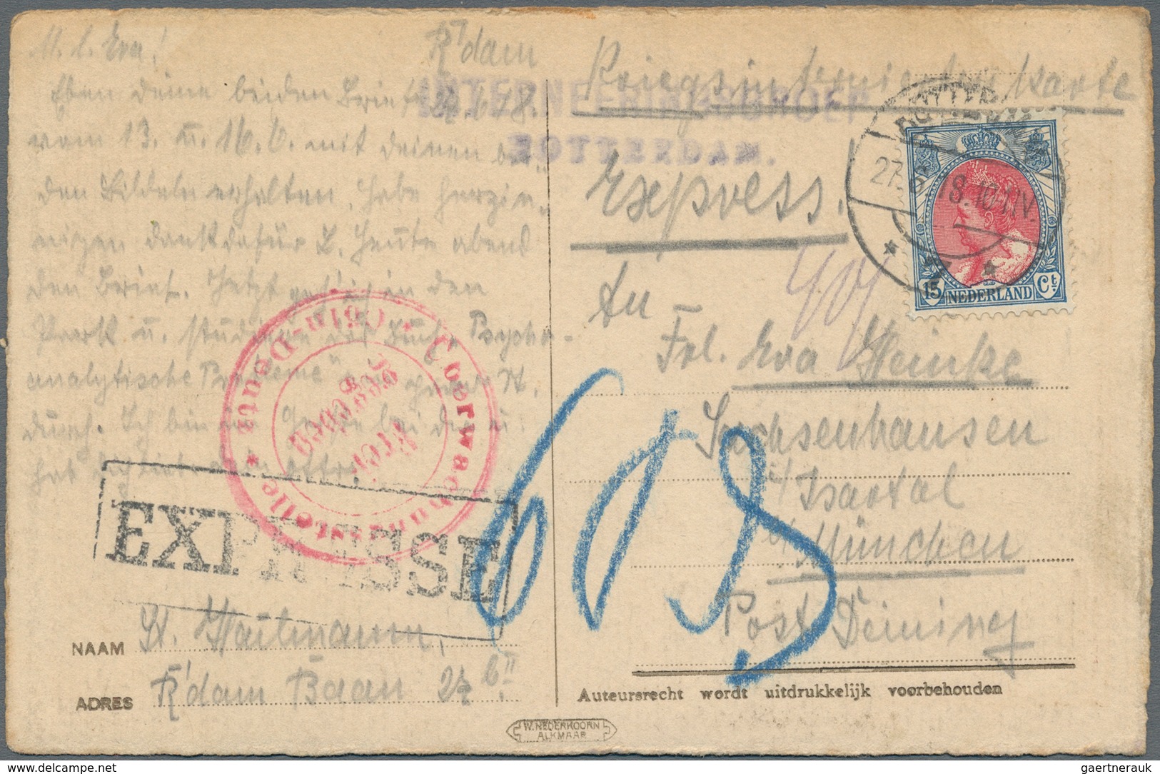 Niederlande: 1918, 15 C Blue/carmine Wilhelmina, Single Franking Due To Pay Solely The Express Fee O - Andere & Zonder Classificatie