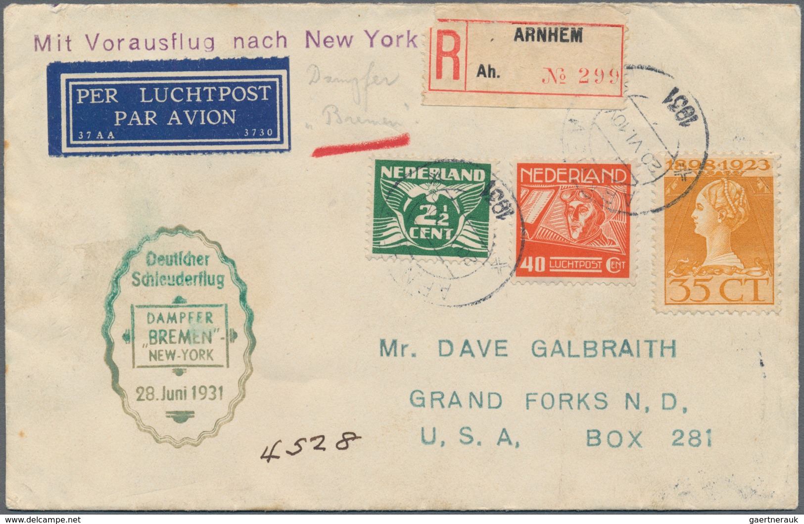 Niederlande: 1931, Ciontract State Catapurlt Mail, Registrered From ARNHEM To New York With Green Ca - Other & Unclassified