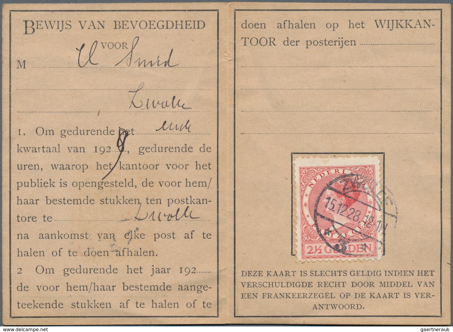 Niederlande: 1928/1943, Lot With 3 Postbus Cards, Comprising 2 1/2 G Rose Wilhelmina (Mi.169 A), Sin - Andere & Zonder Classificatie