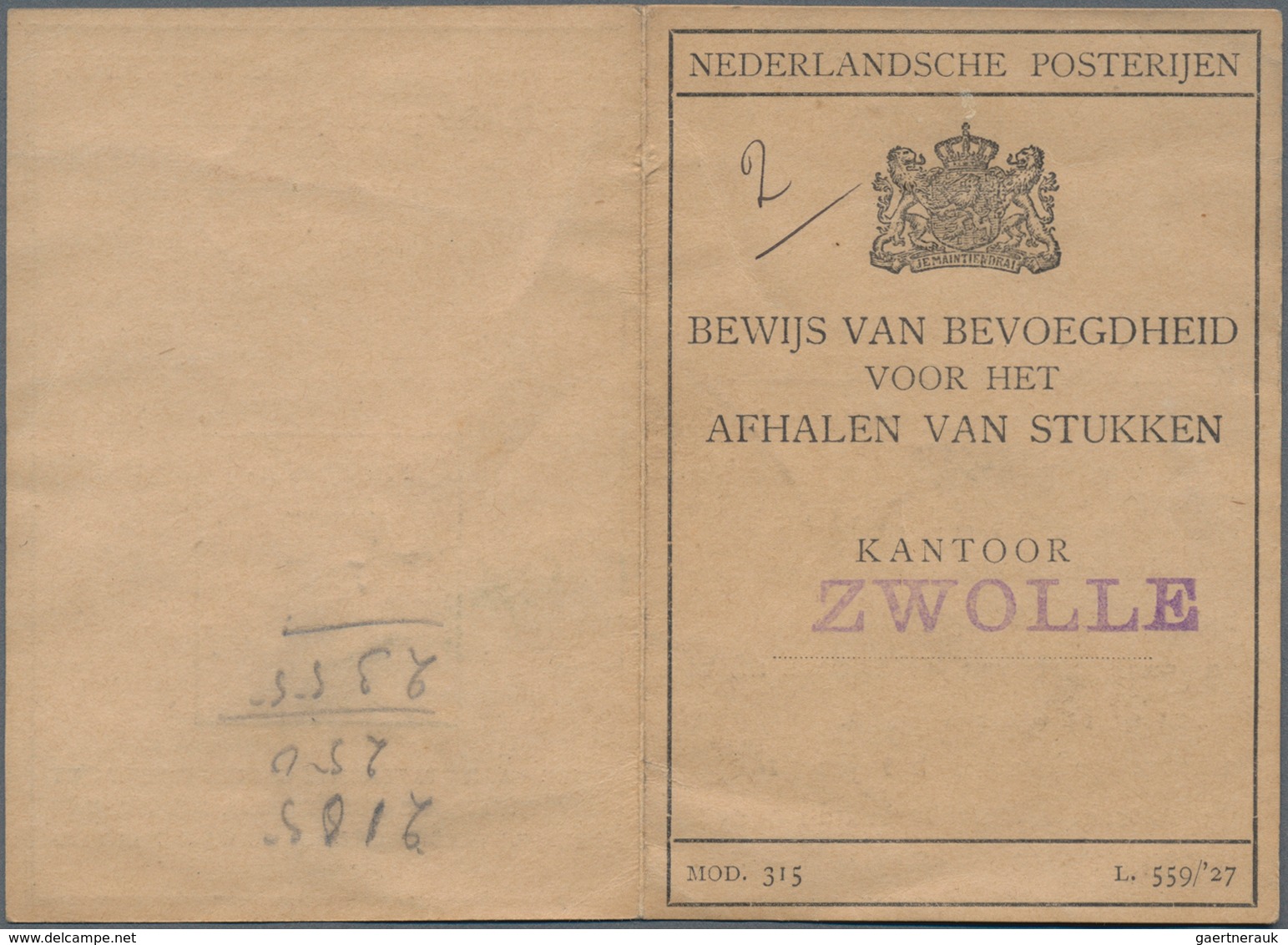 Niederlande: 1928/1943, Lot With 3 Postbus Cards, Comprising 2 1/2 G Rose Wilhelmina (Mi.169 A), Sin - Andere & Zonder Classificatie