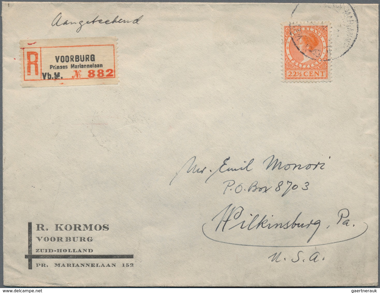 Niederlande: 1940, 22 1/2 Orange Queen Wilhelmina Single Franking On Registered Letter From Voorburg - Andere & Zonder Classificatie