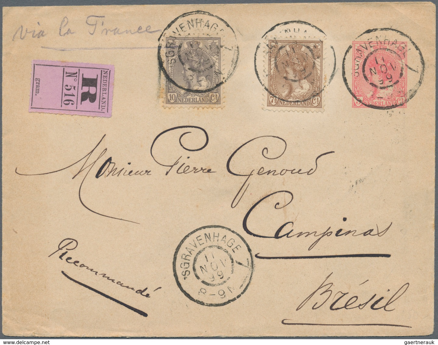 Niederlande - Ganzsachen: 1899, Envelope 5 C. Red Uprated 7 1/2 C. Brown And 10 C. Grey Tid "'SGRAVE - Material Postal