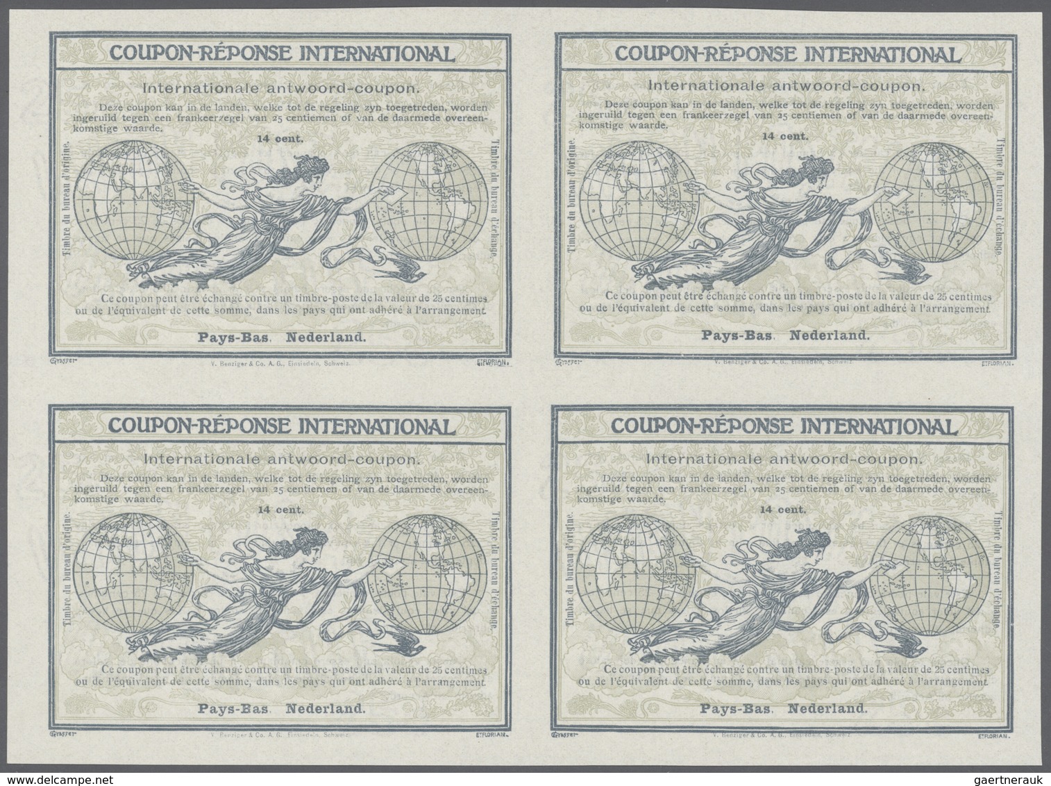 Niederlande - Ganzsachen: 1911. International Reply Coupon 14 Cent. (Rom Type) In An Unused Block Of - Postwaardestukken