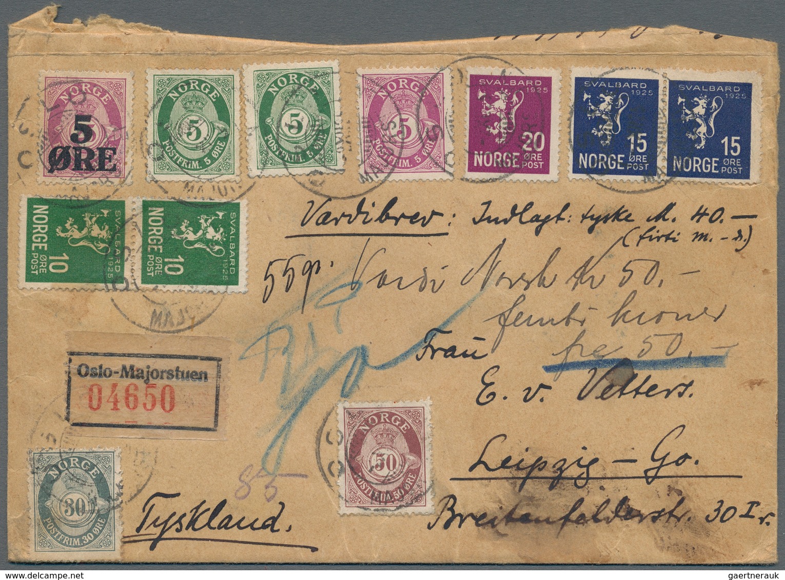 Norwegen: 1925 Value Letter Over 40 Reichsmark With Multicolored Franking From Oslo-Majorstuen To Le - Covers & Documents